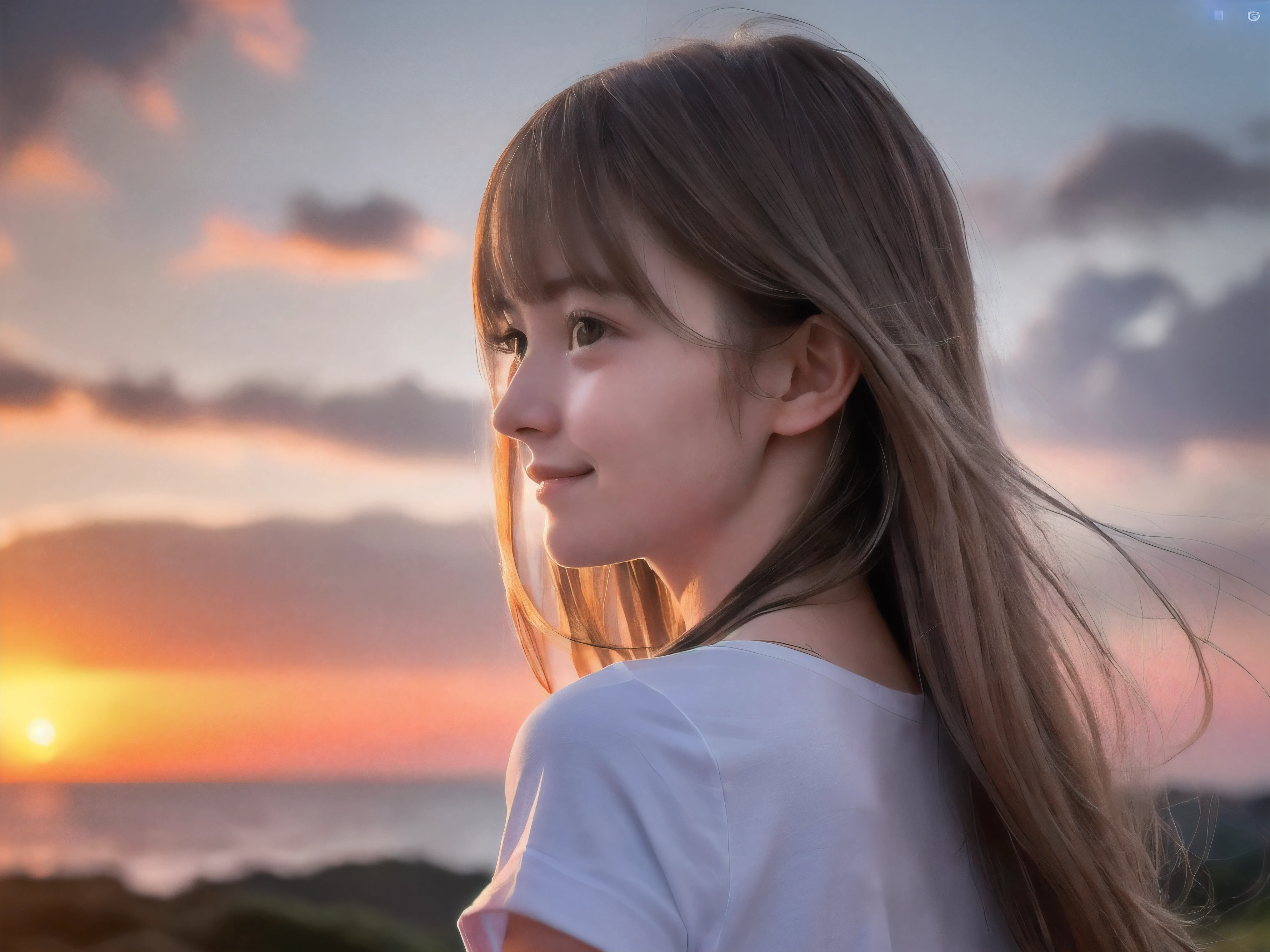(Close up profile shot of slender small-breasted half up blonde long hair with bangs girl wearing a white T-shirt only:1.5)、(One blonde hair girl is looking back and lonely little smile with tears on the coast in Japan:1.5)、(Beautiful after sunset red sky with big red cloud:1.5)、(blurred background:1.5)、(Natural light:1.5)、(8k ultra detailed master piece:1.5)、(perfect anatomy:1.5)、(Photorealistic stick:1.5)、(Raw photo:1.3)、(highest quality:1.5)、(High resolution:1.3)、(Delicate and beautiful perfect face:1.3)、(Delicate and beautiful eye air skin:1.3)、(Real Human Skin:1.3)、((thin legs))
