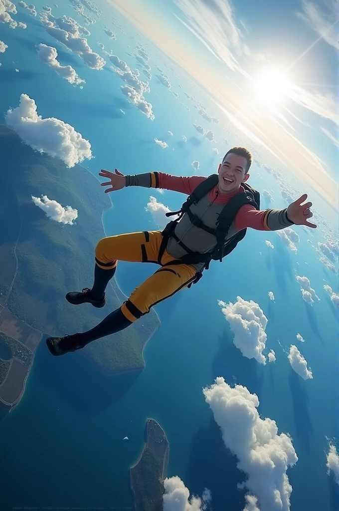 a sky diver expriencre the thrill of free fall ,with earth aproching rapidly below and expansive sky above