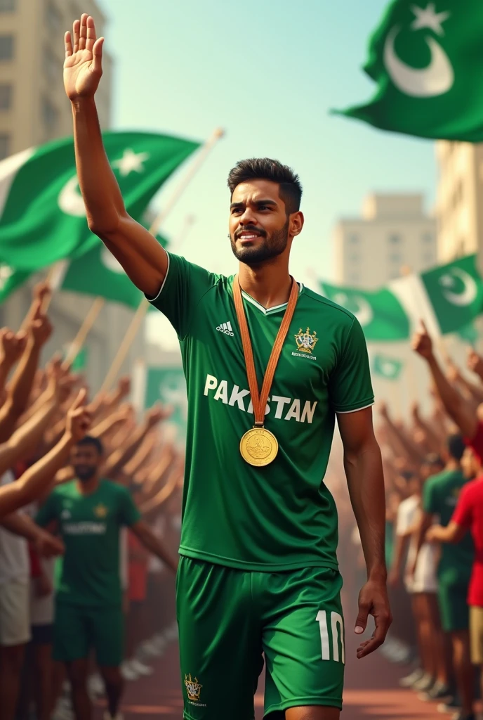 _Arshad Nadeem gets a heroic welcome Olympic gold medal in pakistan green shirt (Arshad Nadeem)