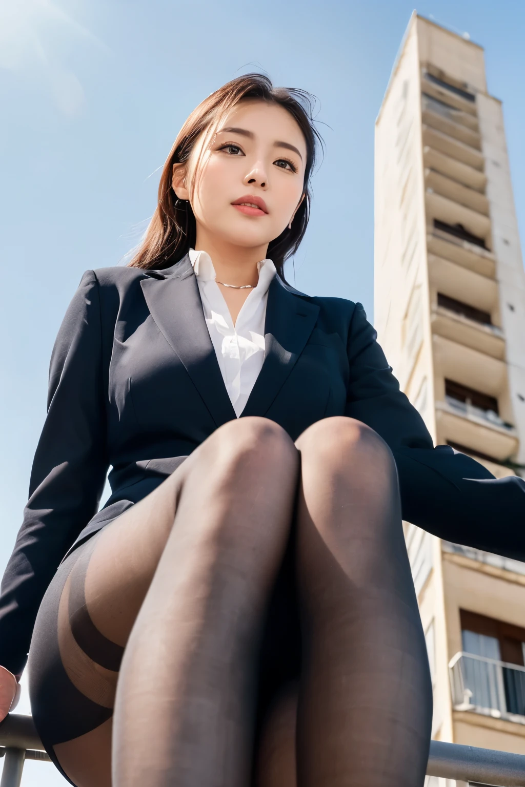 masterpiece, Bokeh, (Beautiful Face), (Detailed face), (Perfect hands), (Japanese Idols:1.6), (business suit:1.3), (Ultra-realistic pantyhose:1.3), (Sit at the top of the tower:1.3),( Balcony of a high-rise apartment building:1.3), (Blushed:1.3), High heels, (From below:1.8), Beautiful mature woman、