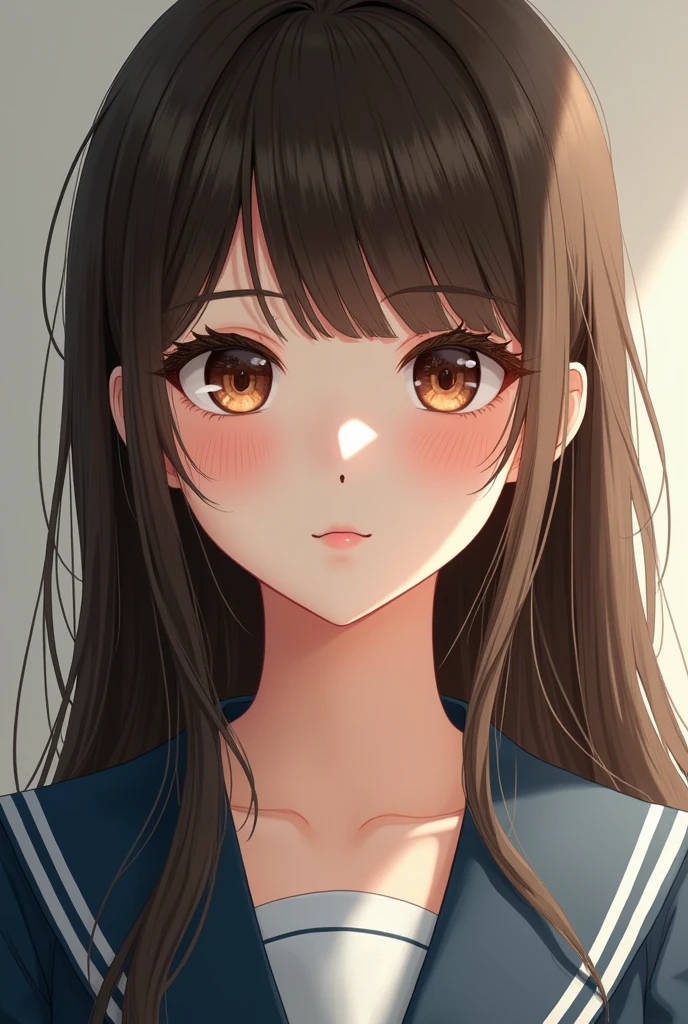 Amazing face and eyes, highly detailed Beautiful face, brown straight hair, Bangs, big brown eyes, pale skin, slim, pale skin, hi-school uniform, fine face, realistic, detailed depiction, Ultra-detailed, realistic pictures