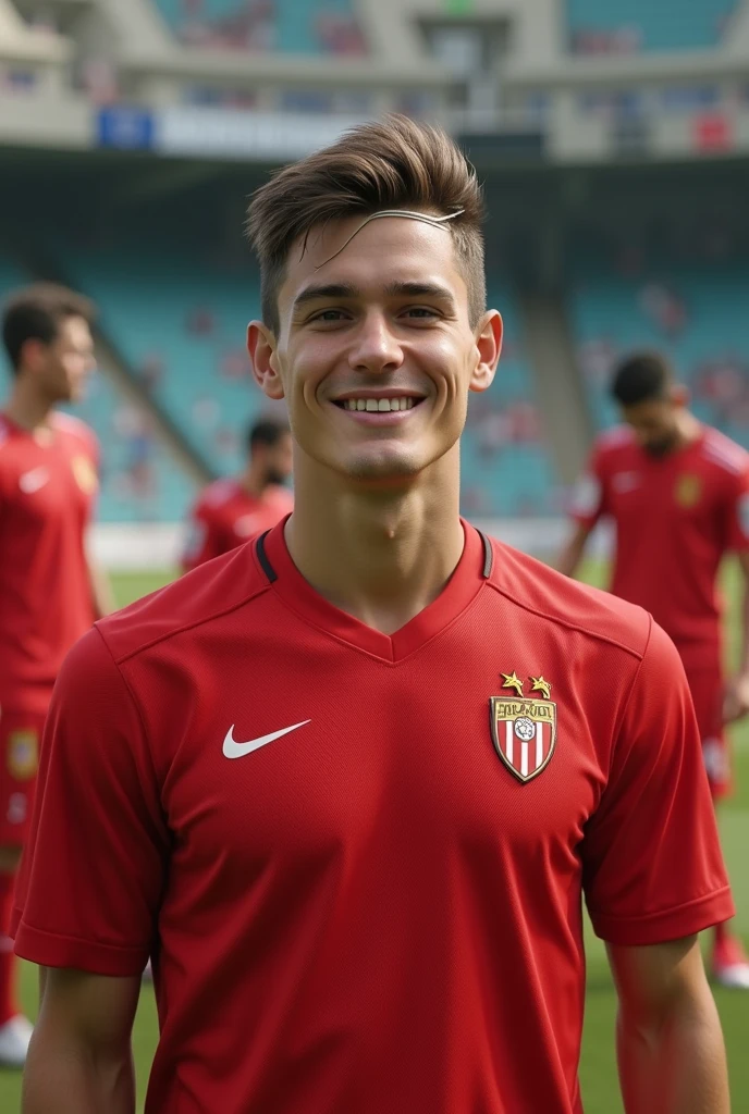 Create a Realistic Football Player,NO BEARD with medium straight hair, combed back, wearing a small thin white men&#39;s sports headband in the middle of the hair, wearing the red espanyol shirt,  tall white spanish guy with happy face wearing a red training vest, in a background with a training field along with other players in the background, Por favor 