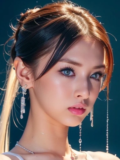 (masterpiece, highest quality:1.2), 8k, 85mm, Raw photo, confused, white and cyan theme, (liquid clothes, liquid dress:1.4), gray hair, gradient dress, delicate girl, Upper body, close your face, shiny skin, teen, looking at the viewer, HDR, sharp focus, particle, dusk sky, shiny skin, small eyes and face, colorful background, simple background、earrings、necklace、clavicle、twin tails、See-through silk dress、Gal Makeup、,Turquoise Necklace、Big earrings、Platinum Jewelry、Twin tails、cheek、((Cleavage Emphasis))、(Nipple Covers)、high Ponytail、Bun Hair