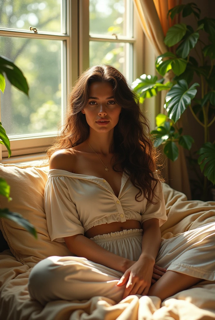 (photorealism:1.2), beautiful woman, sitting on bed, wearing loose off-shoulder top, pajama pants, long curly hair, indoors, soft lighting, plants in background, window with sunlight, cozy room, relaxed pose, realistic, intricate details, warm colors, by Greg Rutkowski, by Alphonse Mucha