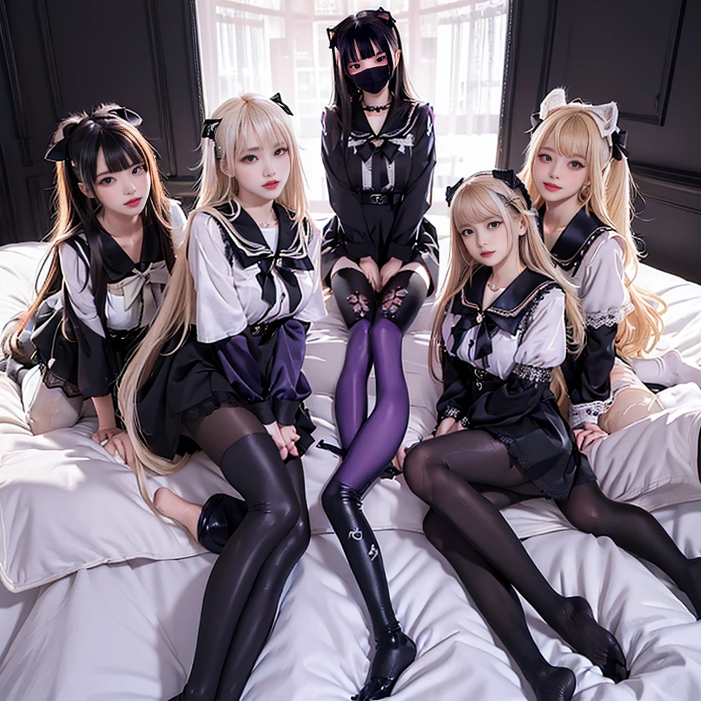 8K resolution, surreal, Super detailed, high quality, perfect anatomy, perfect proportion,
((((((A group photo in bed room at midnight, satin luxurious bed, 3 girls, group photo)))))),
(((((purple, wearing black face mask, jirai fashion, sailor collar, lingersuit, Lace, micro mini skirt, bow ribbon))))),
((grin, happy, detailed face)), standing in lines,
((((bleached hair))))+, (super large breasts),
(((detailed oiled skin, detailed skin))),
(((thin black see-through tights))), looking at viewer