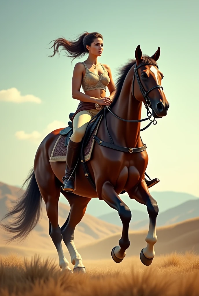 Create an image of a naked woman galloping on a horse