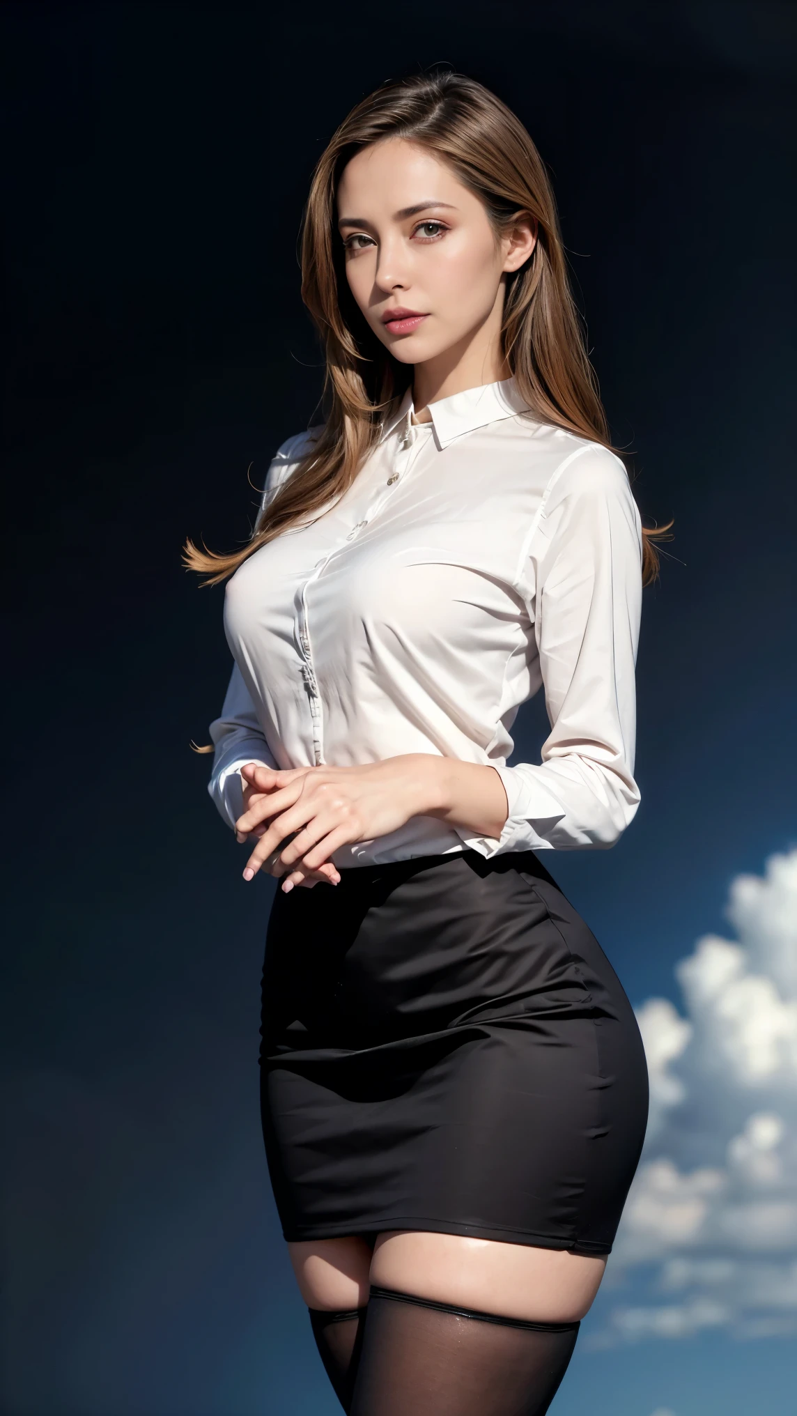 ((Highest quality,4K,High resolution,masterpiece:1.2)),((Character Concept Art)), 1 female, 45-year-old university professor, ((elegant, Heavenly Beauty)), Shoulder-length straight hair, (Fair skin color), Very detailed eyes (hazel eye color), hot, intellectual, education enthusiast, slim body build, ((Intricate details)), Very finely crafted needles, Very finely crafted fingers(((10 fingers))), Costume worn:((A fitted blouse, very short pencil skirt, High heels, Black Stockings)), (Stand as a professional), (Full-body showcase), (Show whole body), (No logos on background), (No logo), ((Plain background)), ((Plain background)), (((Sky Background)))