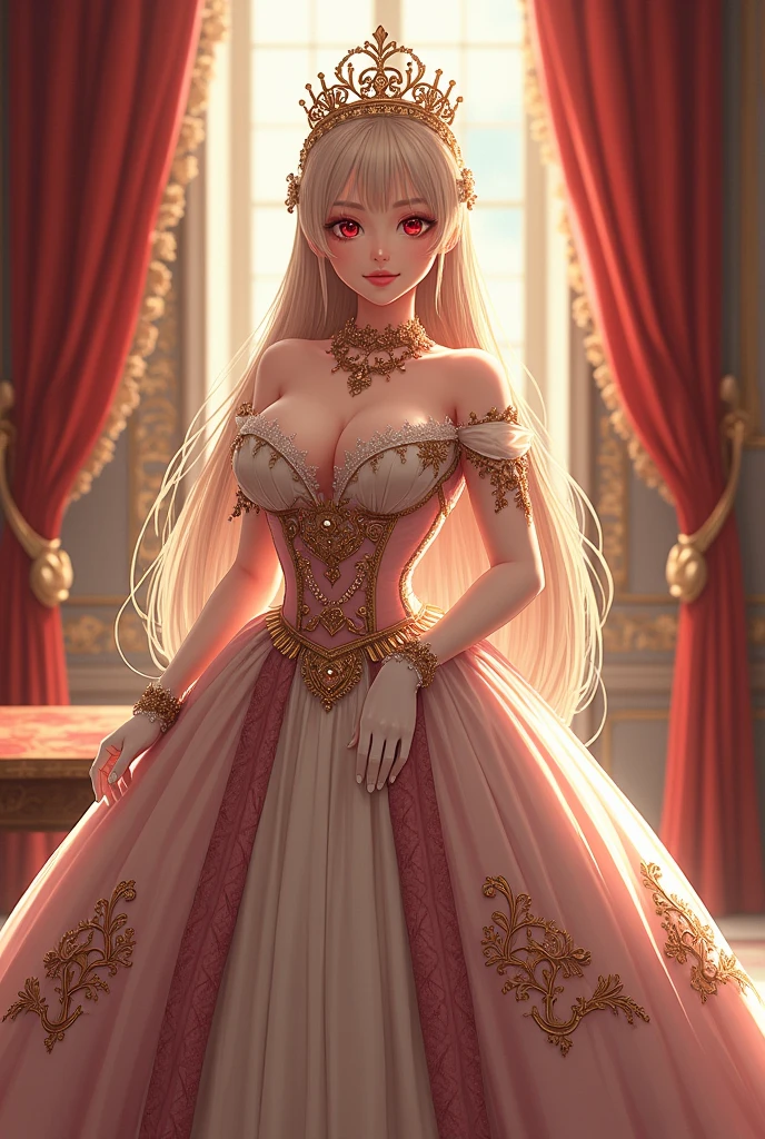 moe anime artstyle,princess luxurious, aristocrat, noble, arrogant,((absurdly long Straight hair)),Red Eyes,(((beautiful embroidery and jeweled gorgeous rococo ballgown with voluminous full length crinoline hoop skirt))),((((((gigantic tits,curvy)))))),deep cleavage,Skindentation,((detailed face and eyes)),extremely gorgeous hair ornament,((extremely gorgeous big tiara)),luxurious jewelry,(((((gigantic tits))))),gorgeous palace,,((Arrogant smile))