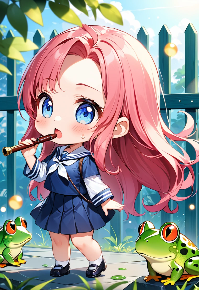 Highest quality、High resolution、Detailed Background、Beautiful face in every detail、Anatomically correct、Detailed facial expressions、fine grain、((full body, from side:1.2, side shot, looking away:1.2)), break ((One Girl:1.2)、((Chibi Girl:1.2)))、Bright pretty hair color、Big beautiful blue eyes、Fuller lips、Pink Lips、forehead、Ahoge、(My hair is blowing wildly in the strong wind:1.2、Blowing the vertical whistle:1.2)、(Cute Sailor Uniform、cute leather shoes)、break (Place your hands in front of your chest、A flute in hand:1.2)、(Troubled expression:1.2、My hair is messy from the strong wind:1.2、(My hair is blurred:1.2)、Open your mouth:1.2、Sweat on the forehead、Cheek sweat)、(The background is the morning school route:1.2、(Block fence:1.2)、typhoon、A large number of frogs fly)、(Bokeh)