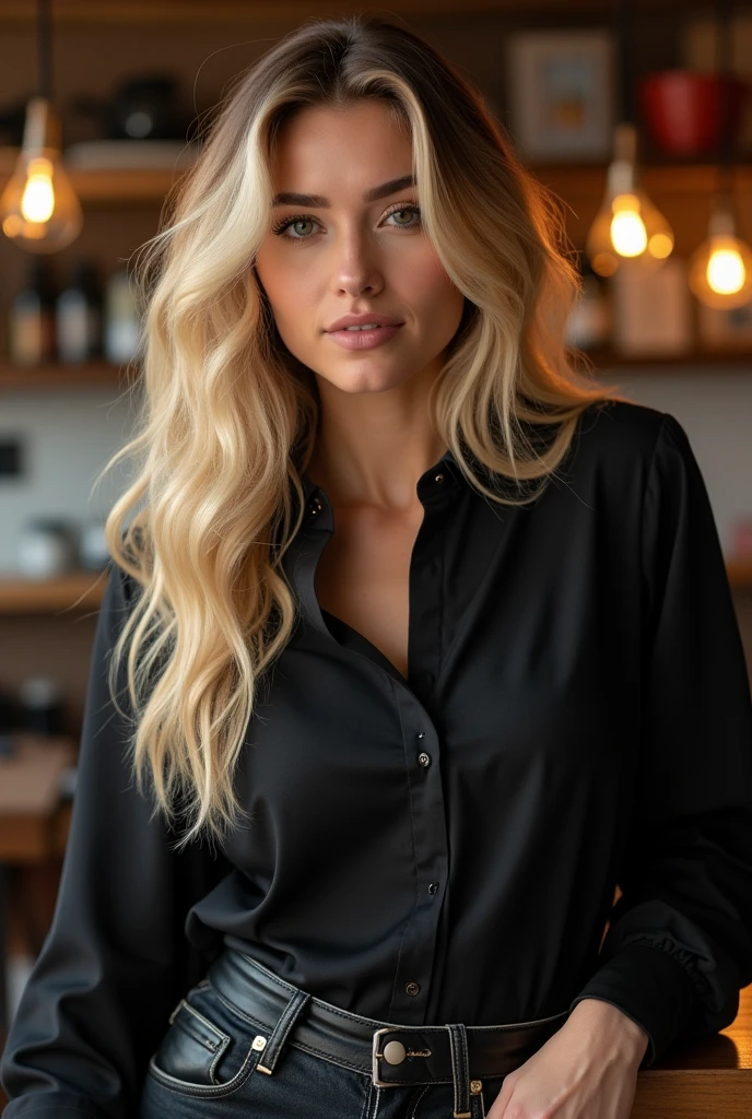 ((Long shot)) Blonde influencer with long, naturally wavy hair, medium height, she has big breasts, hugging her parents, in a restaurant fitness body, she wears a sexy black blouse, Combines classic streetwear pieces, Like sneakers, sweatshirts or jeans, with high-quality accessories such as designer bags or luxury watches, to create a modern and elegant look, beautiful, 8K, super detailed, realistic, intricate details, realistic skin texture, realistic hair, texture, fun, 8K uh, best quality, High resolution, Attention to detail, very large breasts, Long range, wide angle