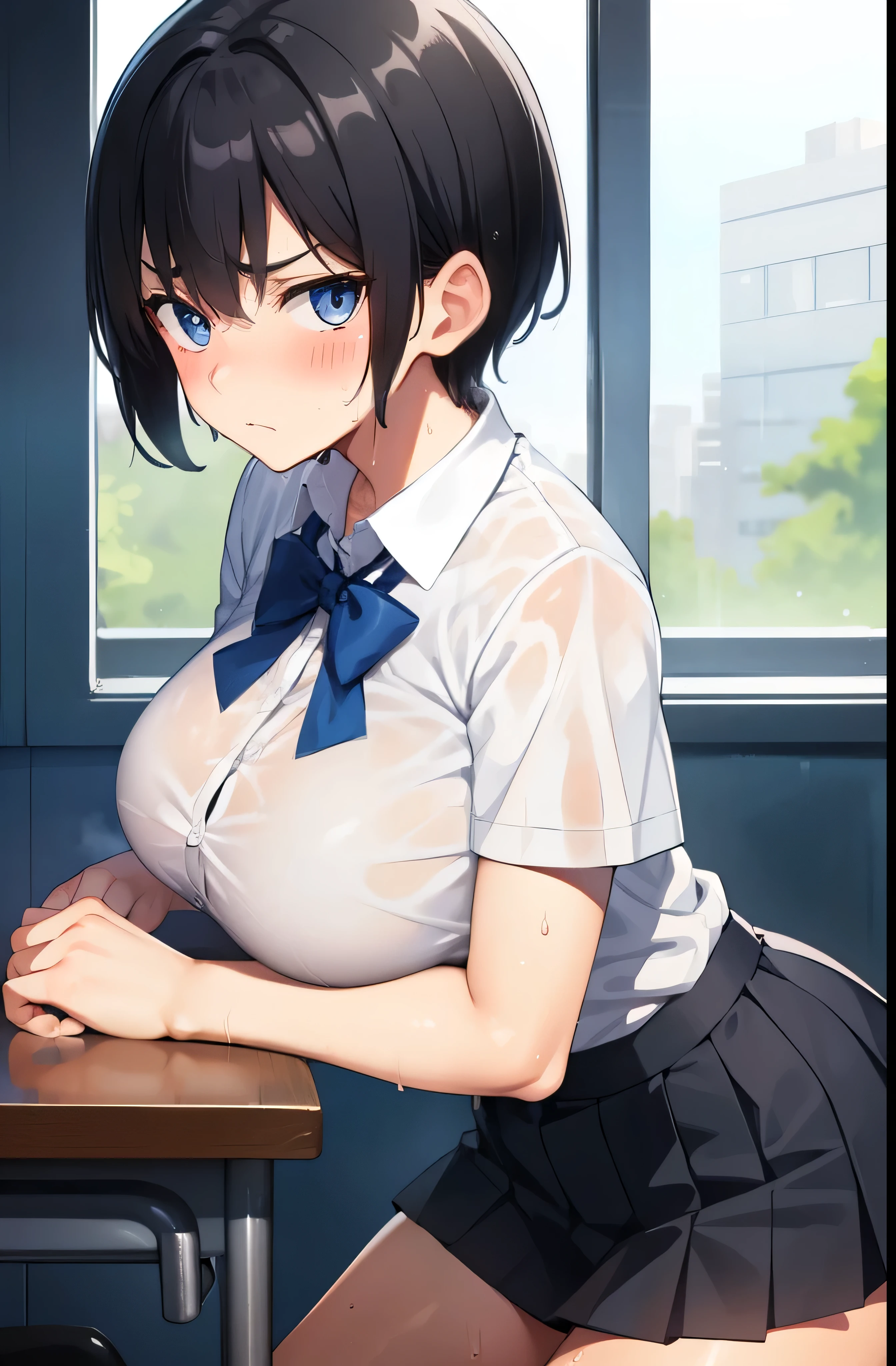 boyish,Very short hair,Black Hair,Large Breasts,Summer uniform,blush,Serious face,blue eyes,mini skirt,Sweaty,Wet,High school classroom,Cowboy Shot,View your audience,Embarrassing,shy,Squat,