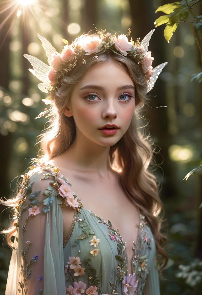 a whimsical fairy, 1girl, beautiful detailed eyes, beautiful detailed lips, extremely detailed face, delicate features, long eyelashes, porcelain skin, ethereal, magical, enchanting, fantasy, mystical, glowing, shimmering dress, intricate flower crown, flying, midair, forest, sunbeams, dappled light, soft colors, pastel palette, cinematic lighting, serene, dreamlike, (best quality,8k,highres,masterpiece:1.2),ultra-detailed,(realistic:1.37)
