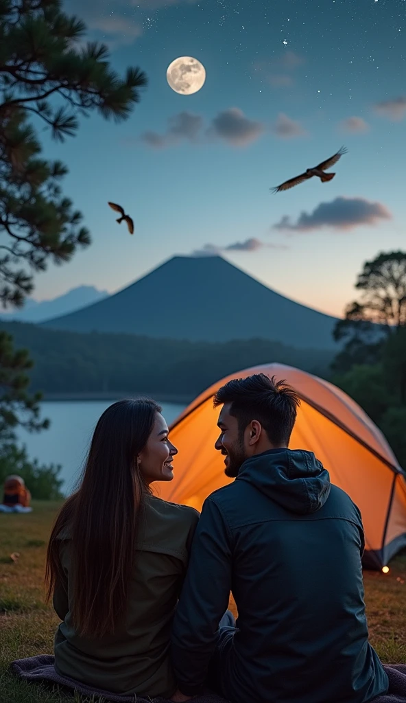 whole body, a beautiful Indonesian woman smiling with a clean face, long straight hair, hiking clothes, hiking shoes sitting in front of a beautiful luxurious tent sitting with an Indonesian man smiling with short neat hair wearing pomade, hiking clothes, short cargo pants with a background of Mount Bromo which has a beautiful lake with shady green trees and many owls flying, a full moon, many stars shining at night, a campfire, clouds lined up, ultra realistis ultra HD, portrait photography, photo