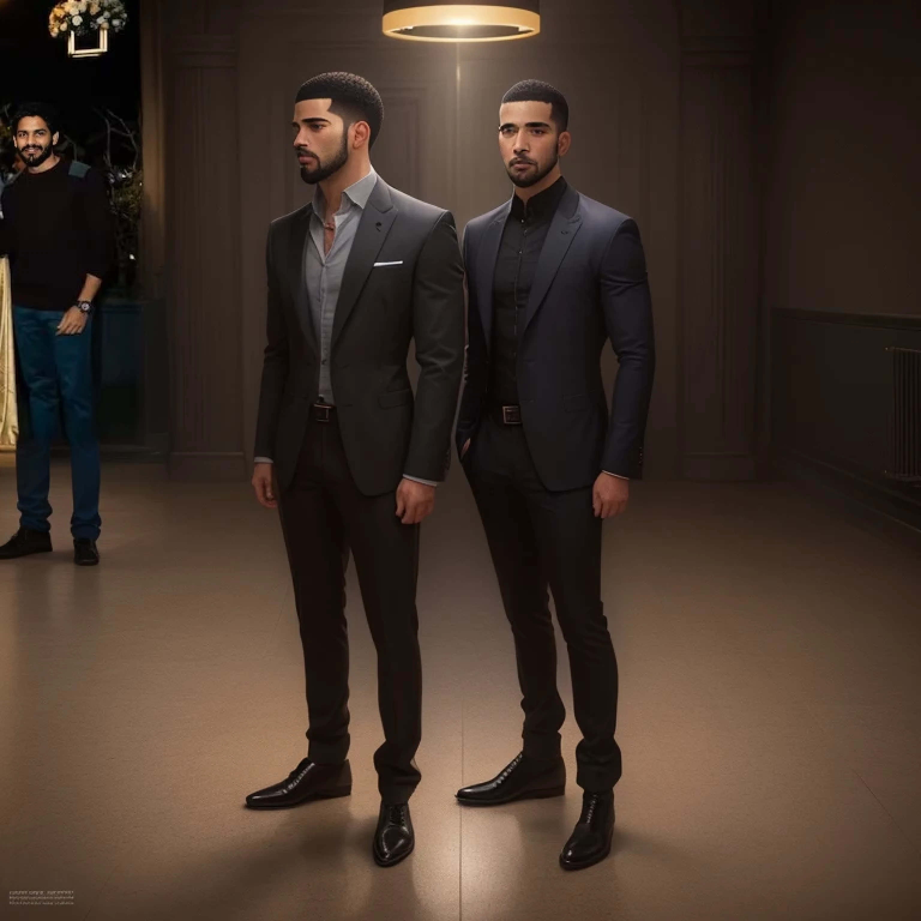 there are two men standing next to each other in a room, avatar image, menacing look, a handsome, photo taken at night, close full body shot, george doutsiopoulos, full body close-up shot, amr elshamy, profile photo, professional photo, album photo, drake, handsome, liam, full-body-shot, stefano brunesci