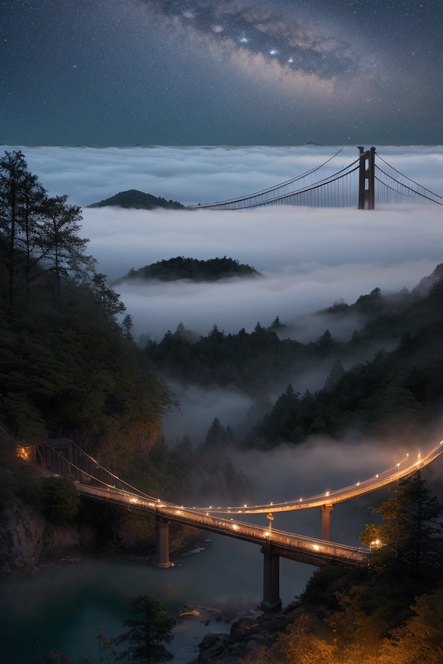 Real Stick、Late Night、suspension bridge、Thick Fog、Particles of light、landscape。