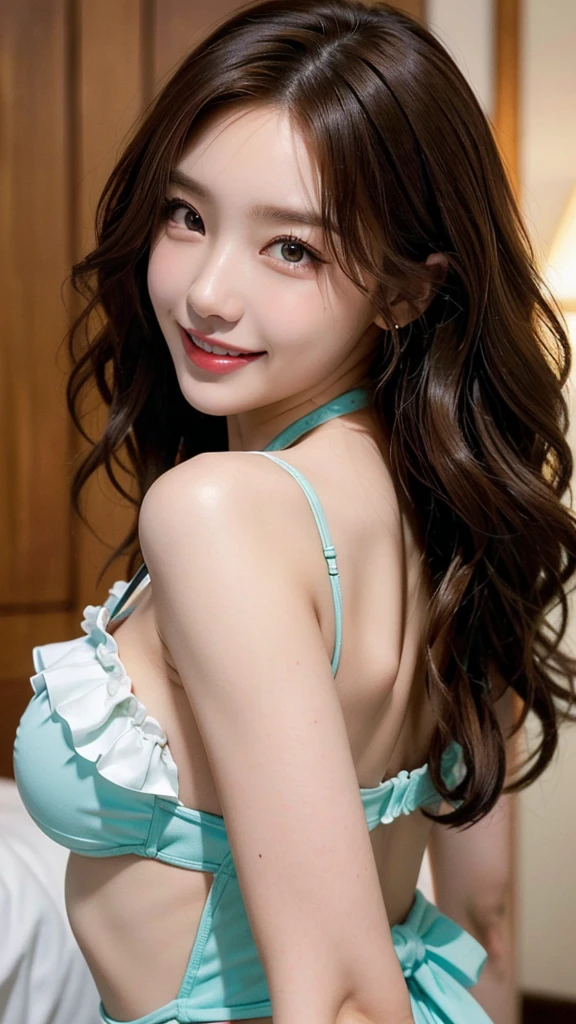 ((masterpiece: 1.4, best quality))+,(ultra detail)+, official art, unity 8k wallpaper, ultra detail, beautiful, high quality, (Emphasize your cute face:1.37), masterpiece, best quality, half wavy medium length hair, (brown eyes, brown hair), bust:1.4, looking straight ahead, laugh, Sexy swimsuit model with lots of frills