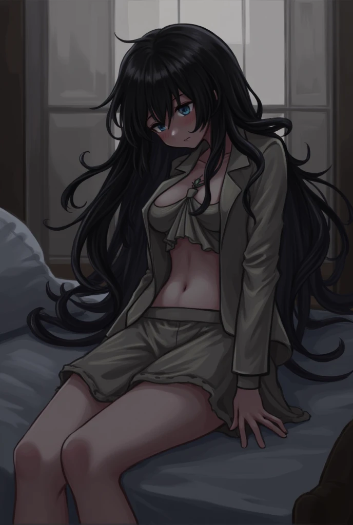 My clothes are in disarray、A girl with long black hair and a uniform showing her . .