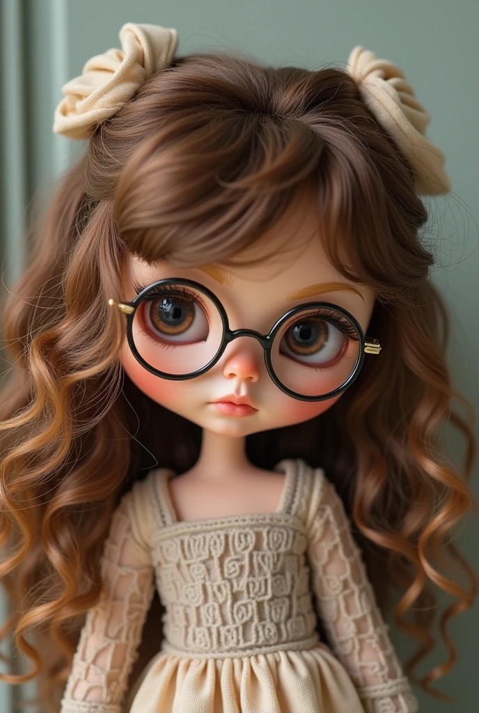 create a blythe doll with curly brown hair, without bangs, with dyed blonde highlights, white skin and light brown eyes and wearing glasses
