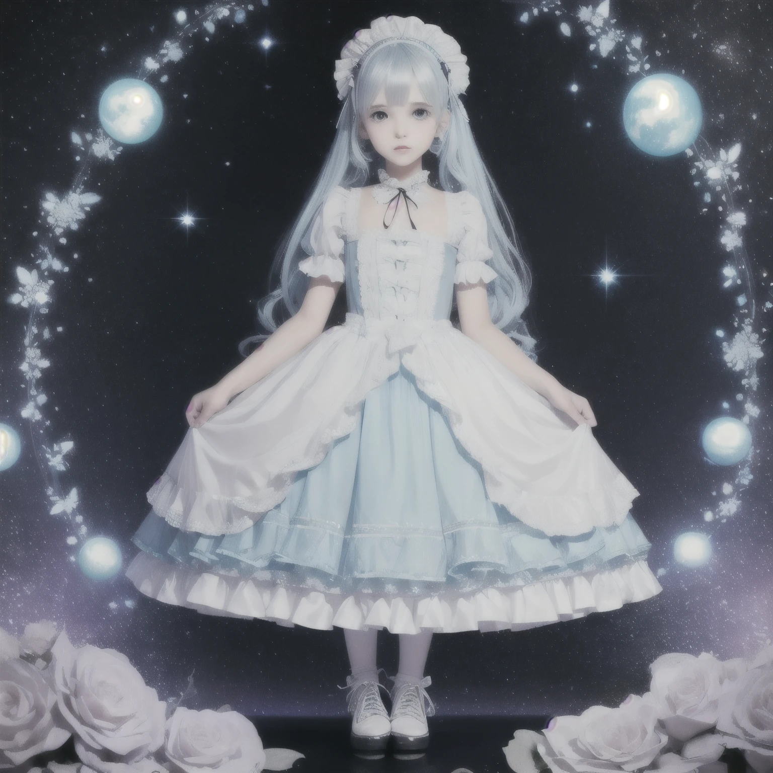 masterpiece, best quality, high quality, Very delicate, Very clear, 1 girl Light blue medium hair
White ta fashion
White headdress
Black thick-soled shoes
Space Background