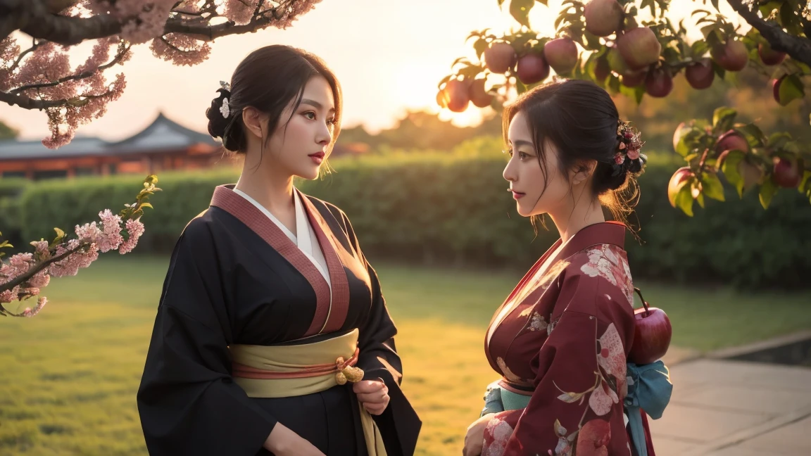 Standing in the festival、Beautiful woman、Very large breasts、(View your audience)、nature、Black kimono、Japanese Clothing、Skin Details、Genuine、Dim lighting、mysterious、sunset、((Apple tree in the background))