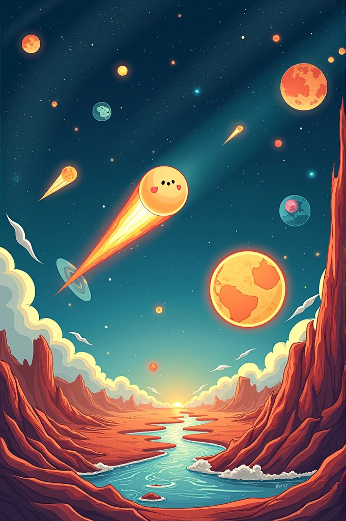 A comic book about the theory of panspermia ---

**Title:** *"Mission: Spread Life!"*

**Table 1:**  
**Scenario:** deep space. We see a group of animated comets gathering together, each with happy faces and their own personality. one of them, o Leader Comet, holds a cosmic map and prepares for a meeting.  
**Leader Comet:** "attention, comets! Our mission today is very important: let&#39;s spread life throughout the universe!"

**Table 2:**  
**Scenario:** A curious comet raises its hand (or tail, If you prefer).  
**Curious Comet:** "But how do we do this?, chef?"  
**Leader Comet:** "Easy! Inside us, we have special microorganisms ready to colonize planets with the right conditions!"

**Table 3:**  
**Scenario:** We see a fun montage with comets flying in different directions in space. Some pass through desolate planets, like Mars and Venus, taking a quick look and moving on.  
**storyteller (text box):** "And there they go! Each comet in search of a new home for its cosmic seeds..."

**Table 4:**  
**Scenario:** O Leader Comet avista a land, still young, full of turbulent oceans and volcanoes. He waves excitedly to the other comets.  
**Leader Comet:** "I thought! land, Here we go!"

**Table 5:**  
**Scenario:** O Leader Comet entra na atmosfera da land, burning and creating a pyrotechnic show. He screams, but he&#39;s excited.  
**Leader Comet:** "The entrance is hot, but I&#39;m coming with everything!"

**Table 6:**  
**Scenario:** O Leader Comet atinge o oceano com um grande *splash*, and microorganisms come out of the comet, all with happy faces and little exploration equipment.  
**Microorganism 1:** "whoa! We finally arrived! Time to colonize!"  
**Microorganism 2:** "Let&#39;s find a cozy place to evolve!"

**Table 7:**  
**Scenario:** Time passes quickly, showing microorganisms dividing and evolving. They transform into aquatic creatures, then into dinosaurs and, ending