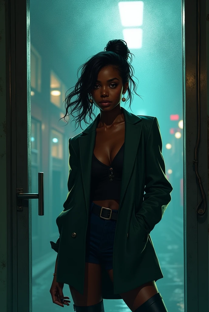 In a cyberpunk city, a stunning African American woman stands confidently before a frosted glass office door, dressed in a modern noir detective outfit. Dimly lit, dust particles catch the evening light, enhancing the moody atmosphere. The cover features bold "Madison McKay" title and "Private Investigator" subtitle, styled like a Sin City graphic novel, with edition number and barcode in the corner.