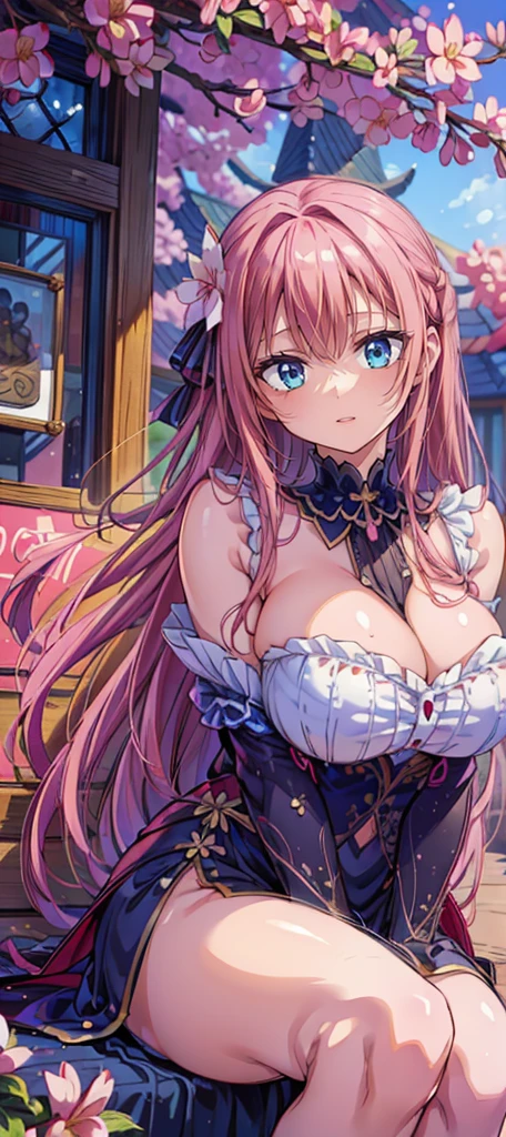 a beautiful detailed woman with long hair,Pink hair, dramatic colors,big breasts, (best quality,4k,8k,highres,masterpiece:1.2),ultra-detailed,HDR,UHD,ultra-fine painting,sharp focus,physically-based rendering,extreme detail description,Fantasy,out door,Cherry blossom ,