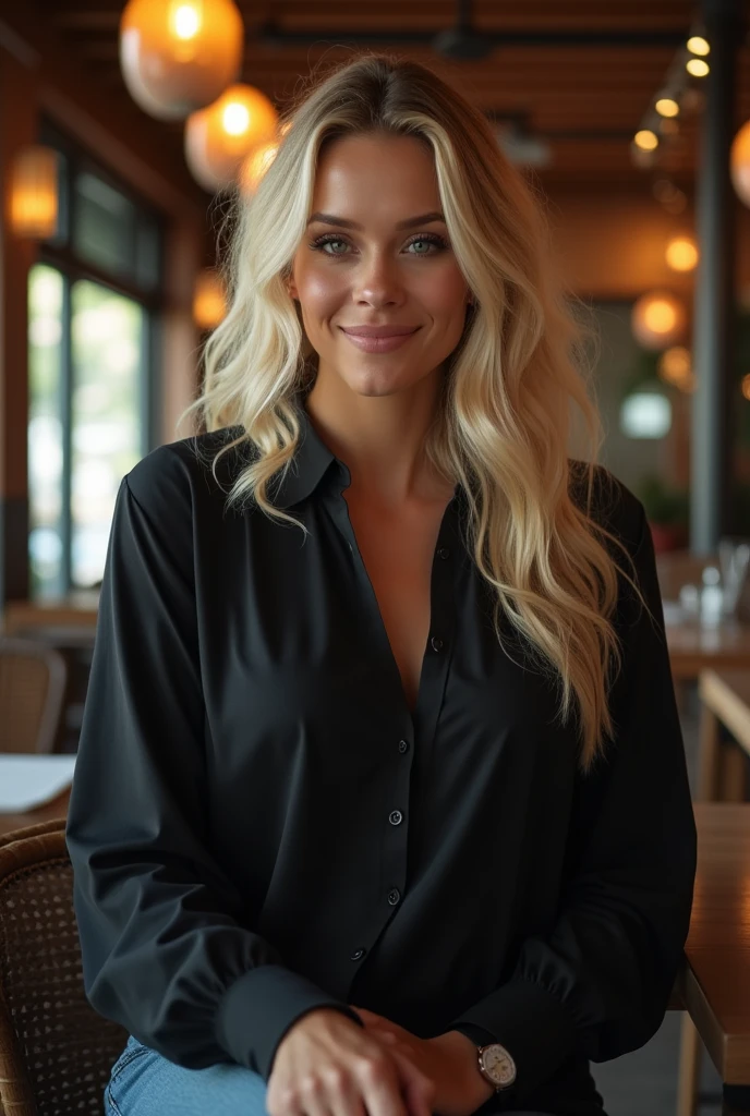 ((Long shot)) Blonde influencer with long, naturally wavy hair, medium height, she has big breasts, hugging her father, 58 year old man, in a restaurant fitness body, she wears a sexy black blouse, Combines classic streetwear pieces , Such as sneakers, hoodies or jeans, with high-quality accessories such as designer bags or luxury watches, to create a modern and elegant look, beautiful, 8K, super detailed, realistic, intricate details, realistic skin texture, realistic hair, texture, fun, 8K uh, best quality, High resolution, Attention to detail, very large breasts, Long range, wide angle