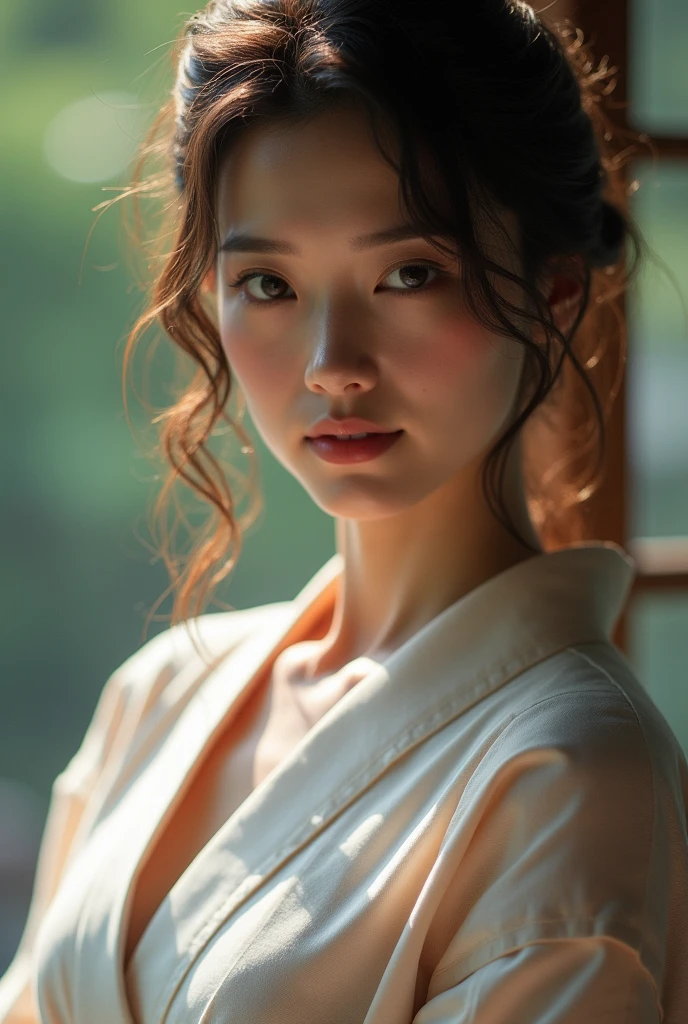 An elegantly dressed Japanese woman in natural light、A close-up of her chest and calm expression.、It shows her inner peace and outer charm.。