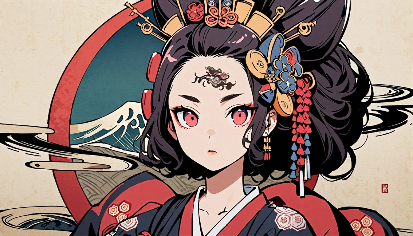 Ink painting, (((1 girl))), (((Tattoo in the middle of the forehead))),(((In the background is the Akatsuki moon))), (((Oiran))), (((Great hair accessories))), Japanese style headphones, Demon possession, (((Red eyes with an inscription inside them))),Face up close, Japanese beauty, White hair, Sensitive and precise, Modern Ukiyo-e style, Highest quality, katsushika hokusai, (((Elements of horror))), beautiful girl, Sensitive and precise, Modern Ukiyo-e style, Cyberpunk city,