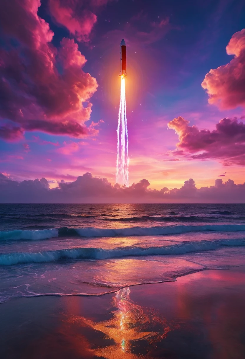 虹色rocket、rocket(2：1)Iridescent skyを飛ぶrocket，rocket、虹色のrocket、colorful，Iridescent smoke、虹色のrocketはIridescent smokeを出している、Beautiful sky，wonderful景色，Seaside，Iridescent sky、An atmosphere full of dreams and hope，masterpiece．16K, Ultra-high resolution, Ultra-high resolution, to be born,wonderful ,future、Iridescent、The world 30 years from now。