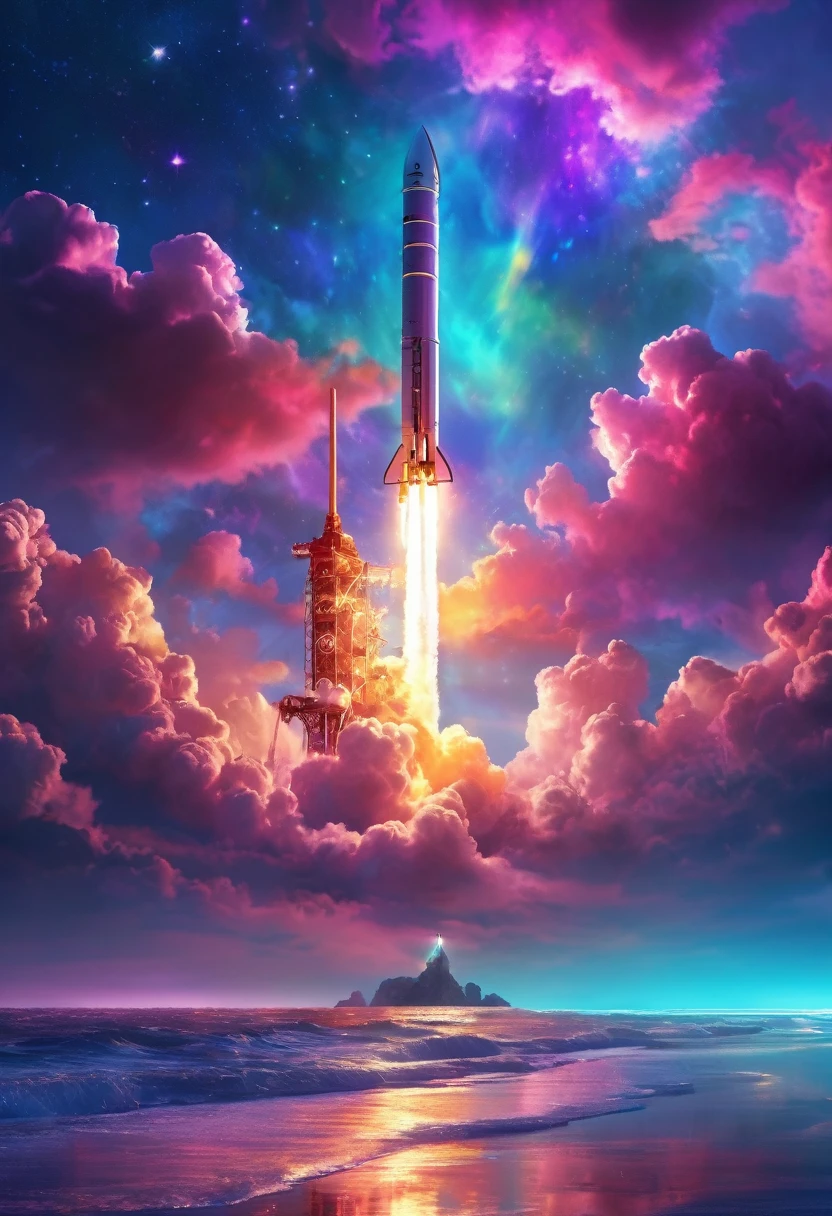 虹色rocket、rocket(2：1)Iridescent skyを飛ぶrocket，rocket、虹色のrocket、colorful，Iridescent smoke、虹色のrocketはIridescent smokeを出している、Beautiful sky，wonderful景色，Seaside，Iridescent sky、An atmosphere full of dreams and hope，masterpiece．16K, Ultra-high resolution, Ultra-high resolution, to be born,wonderful ,future、Iridescent、The world 30 years from now。