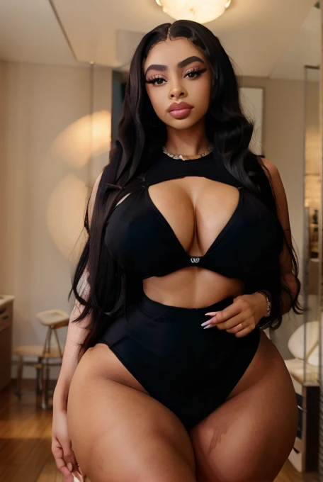 Stunning big-eyed 18yo darkskin, make-up, kohl and fake lashes, long black hair, middle part with edges, g-cups brown eyes, full frame, curvy body, naked, no clothes, big massive plump wide breasts, thick curvy thighs, massive round titties, fake eyelashes, fake lashes, long eyelashes, big lips, baddie, looking at viewer,
