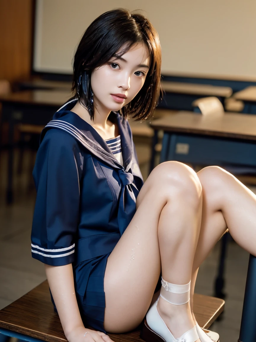 (masterpiece:1.2), Very detailed, Ultra-high resolution, (Realistic, photo Realistic:1.6), High-resolution RAW color photos, Professional photos, Sharp focus:1.2, (Very detailed顔と肌の質感, Very beautiful eyes, Glossのある肌, Glowing Skin, Glowing Skin, Shining Face, Gloss, Oily skin, greasy face, Oily skin, greasy face,),, (real Glossのある肌 texture), Perfect Anatomy, Very detailed背景,(High school classroom at night),1 female,25-year-old woman, Japanese women,Height: 168cm,(short hair, Straight hair, bangs, Brown Hair),((Flat Chest:1.6)),(Slender legs), ((((White short-sleeved sailor suit、Navy blue pleated skirt:1.5、Perfectly detailed sexy thong panties under skirt,loafers))),((sit at a desk with your knees up:1.3))、(((Wet and sheer sailor suit:1.4))),From the side:1.4,Invite to sex