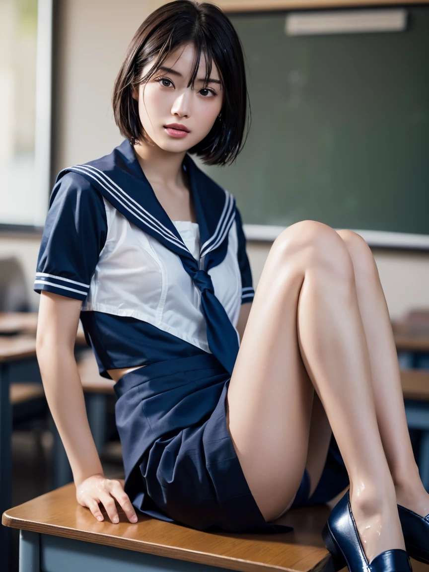 (masterpiece:1.2), Very detailed, Ultra-high resolution, (Realistic, photo Realistic:1.6), High-resolution RAW color photos, Professional photos, Sharp focus:1.2, (Very detailed顔と肌の質感, Very beautiful eyes, Glossのある肌, Glowing Skin, Glowing Skin, Shining Face, Gloss, Oily skin, greasy face, Oily skin, greasy face,),, (real Glossのある肌 texture), Perfect ???????, Very detailed背景,(High school classroom at night),1 female,25-year-old woman, Japanese women,Height: 168cm,(short hair, Straight hair, bangs, Brown Hair),((Flat Chest:1.6)),(Slender legs), ((((White short-sleeved sailor suit、Navy blue pleated skirt:1.5、Perfectly detailed sexy thong panties under skirt,loafers))),((sit at a desk with your knees up:1.3))、(((Wet and sheer sailor suit:1.4))),From the side:1.4,Invite to sex