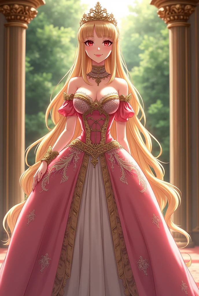 moe anime artstyle,princess luxurious, aristocrat, noble, arrogant,((absurdly long Straight hair)),Red Eyes,(((beautiful embroidery and jeweled gorgeous ballgown with voluminous full length crinoline hoop skirt))),((((((gigantic tits,curvy)))))),deep cleavage,Skindentation,((detailed face and eyes)),extremely gorgeous hair ornament,((extremely gorgeous big tiara)),luxurious jewelry,(((((gigantic tits))))),gorgeous palace,standing pose,palace garden,Looking at viewer,full body,((Arrogant smile))