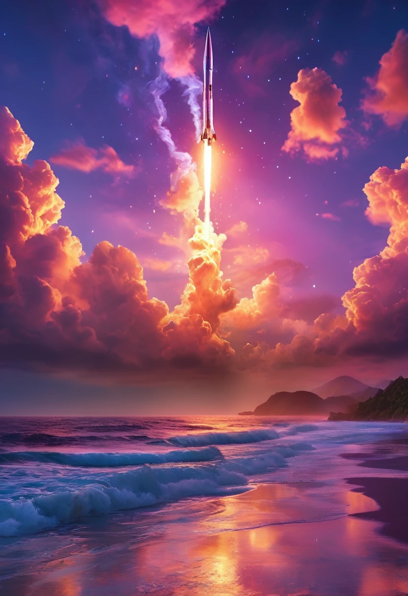 虹色rocket、rocket(2：1)Iridescent skyを飛ぶrocket，rocket、虹色のrocket、colorful，Iridescent smoke、虹色のrocketはIridescent smokeを出している、Beautiful sky，wonderful景色，Seaside，Iridescent sky、An atmosphere full of dreams and hope，masterpiece．16K, Ultra-high resolution, Ultra-high resolution, to be born,wonderful ,future、Iridescent、The world 30 years from now。