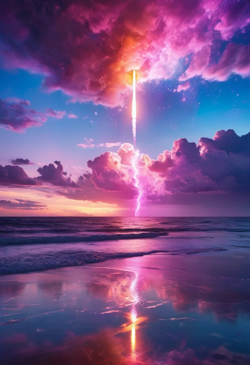 虹色rocket、rocket(2：1)Iridescent skyを飛ぶrocket，rocket、虹色のrocket、colorful，Iridescent smoke、虹色のrocketはIridescent smokeを出している、Beautiful sky，wonderful景色，Seaside，Iridescent sky、An atmosphere full of dreams and hope，masterpiece．16K, Ultra-high resolution, Ultra-high resolution, to be born,wonderful ,future、Iridescent、The world 30 years from now。