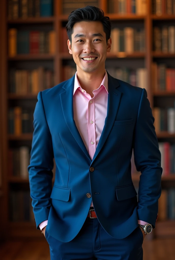 YouTube Presenter Prompt. Asian man, 35 years old, handsome and elegant, Wearing a uniform, suit,masculine and muscular handsome, Muscles look good, strong body with clear skin,(thin eyes blue 1.3), full body photo to the floor (Ultra -detailed, photo realistic, best quality, 8K, high resolution, artwork:1.3), a mature, charming and distinguished man, (muscular build body in blue suit) wears a pink shirt under his suit, tailored, and no tie, closed, top casually, perfectly fitted pants, sweat, shirt with buttons, face with details, pants blue, fitted, red shoe, horny, Accessories include a luxury wristwatch and hands free out of pockets and discreet, and a leather belt, but elegant, in the photo studio,Looking at the viewer, very tall library background with many books on criminal law. oto-realista:1.37),HDR,iluminação de estúdio,rosto e corpo extremamente detalhados, Retrato,iluminação cinematográfica,iluminação dramática,tons de cores quentes,cores dramáticas