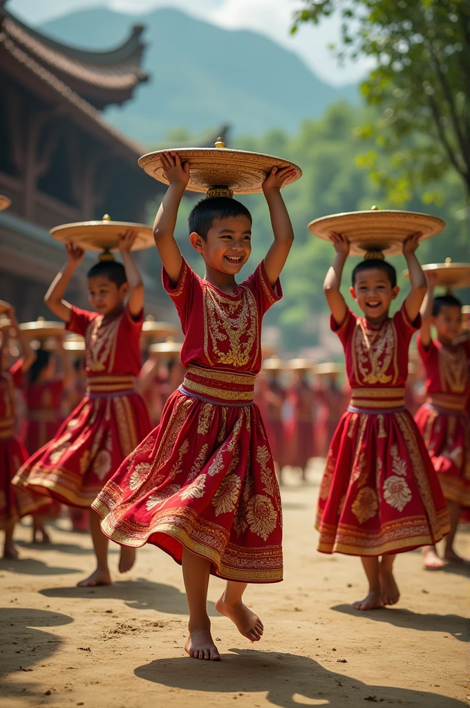 Resolution 300 pixels, Boys and girls wearing traditional West Sumatran clothes (Indonesia) dancing the traditional plate dance