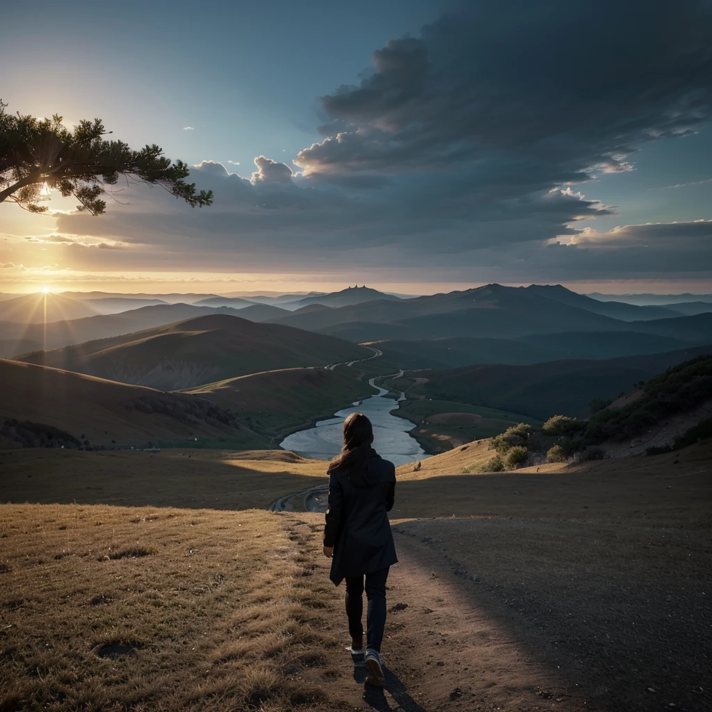 Create a dynamic and motivational image that shows a confident person, standing on the edge of a path that represents a journey towards financial success. The person is looking forward with determination, holding a plan or blueprint that symbolizes strategic goals. No fundo, represent a gradient transition from darkness (symbolizing uncertainty and limiting beliefs) to a bright and radiant horizon (representing abundance and wealth). along the way, include elements such as banknotes, investment charts and multiple sources of income flowing towards the person. The scene should convey the theme of transformation, discipline and pursuit of financial freedom."