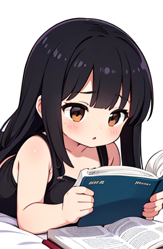 (((White Background))),(((high quality, High resolution,))),One girl,Japanese women,14-year-old face,iris,Brown eyes,iris,Black Hair,bangs,Long hair down the back,,Straight hair,Soft lips,Fat muscle,(Big Breasts),plump belly,buttocks a little bigger,barefoot,Standard height,((Black camisole)),((Pink shorts)),((On the bed)),((Prone)),((Lying down)),((reading a paperback book)),(upper body),