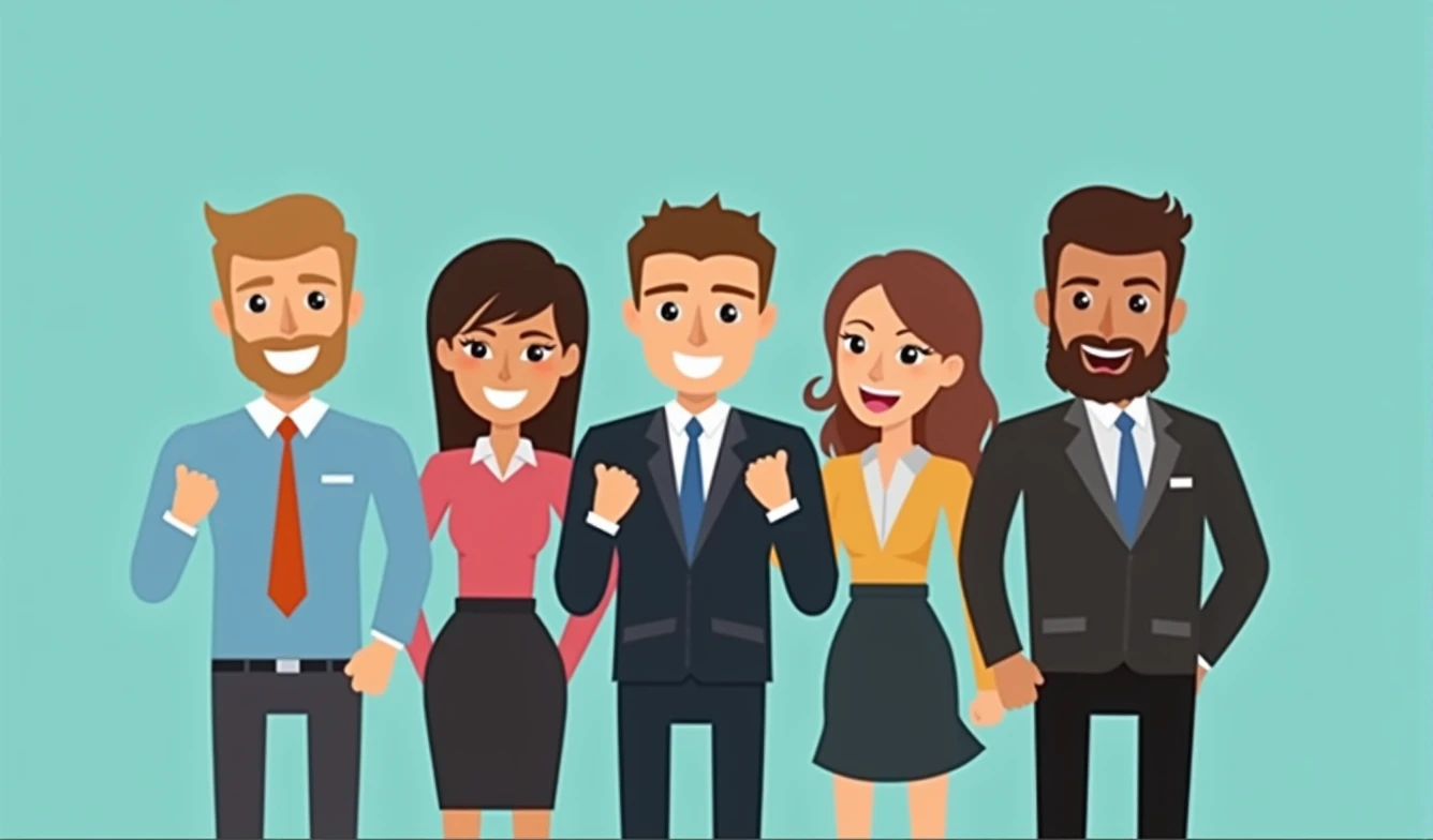 happy business team with fist up gesture. teamwork and togetherness concept cartoon illustration.