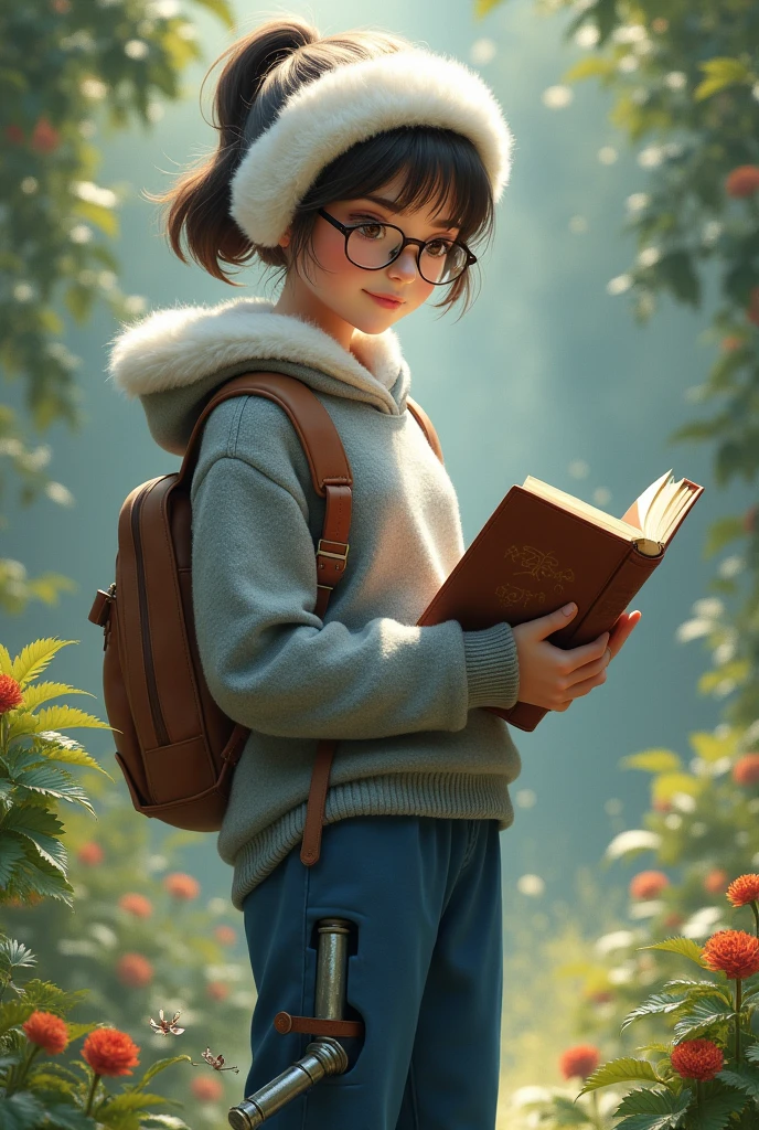 A girl wearing grey woollen sweater with blue parallel pants ,with short ponytail, wearing glasses, without earings, with one tin leg with a leather book in her hand, wearing a white fur cap with a garden as background