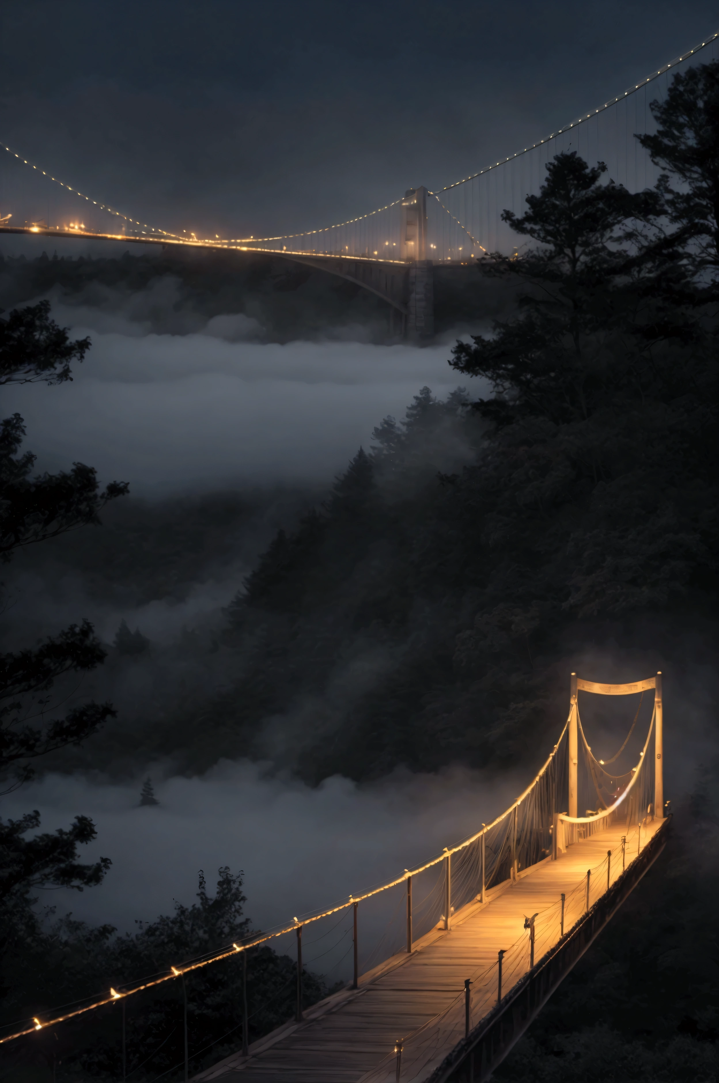 Real Stick、Late Night、suspension bridge、Thick Fog、Particles of light、landscape。