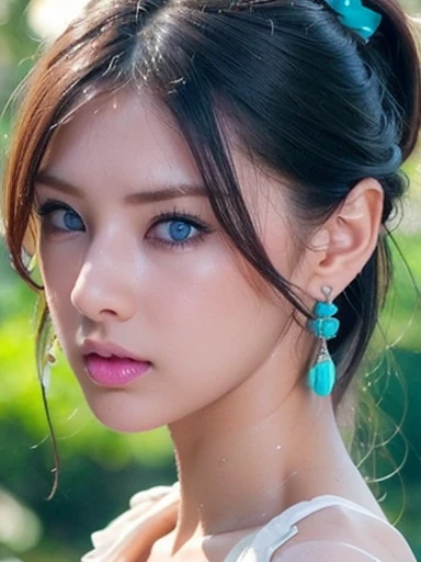 (masterpiece, highest quality:1.2), 8k, 85mm, Raw photo, confused, white and cyan theme, (liquid clothes, liquid dress:1.4), gray hair, gradient dress, delicate girl, Upper body, close your face, shiny skin, , looking at the viewer, HDR, sharp focus, particle, dusk sky, shiny skin, small eyes and face, colorful background, simple background、earrings、necklace、clavicle、twin tails、See-through silk dress、Gal Makeup、,Turquoise Necklace、Big earrings、Platinum Jewelry、Twin tails、cheek、((Cleavage Emphasis))、(Nipple Covers)、high Ponytail、Bun Hair