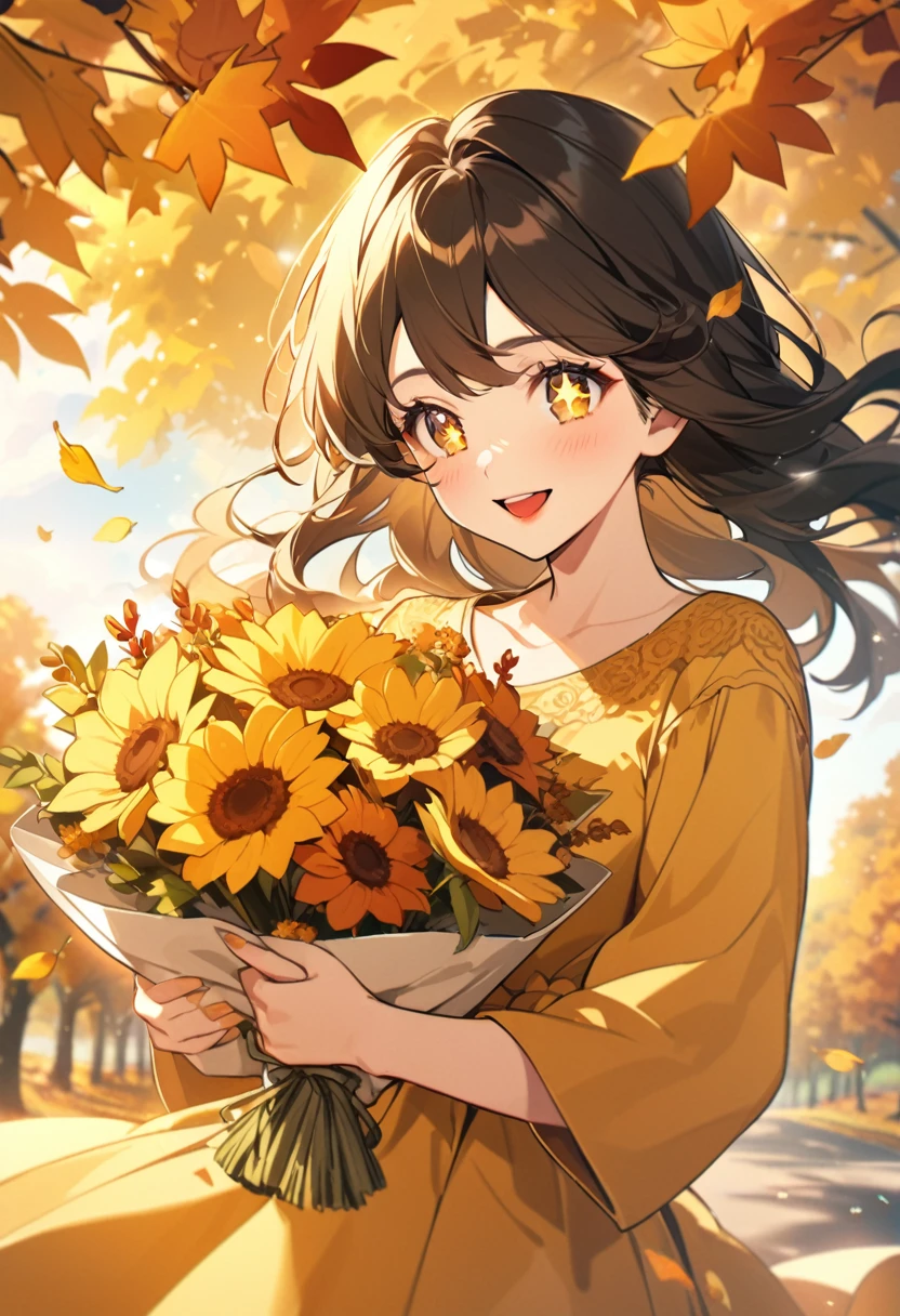 a youthful girl in a yellow dress, she is holding a bouquet of flowers, long black hair, red lips, sparkling eyes, sunshine, wind,🍁 cute, beautiful autumn spirit, golden autumn, autumn, in autumn, in autumn, autumn goddess, autumn queen, natural golden shades appear, with flowers, , autumn harvest goddess, with golden flowers around, in autumn, with warm sunshine, beautiful background, outdoor, happy, 32k