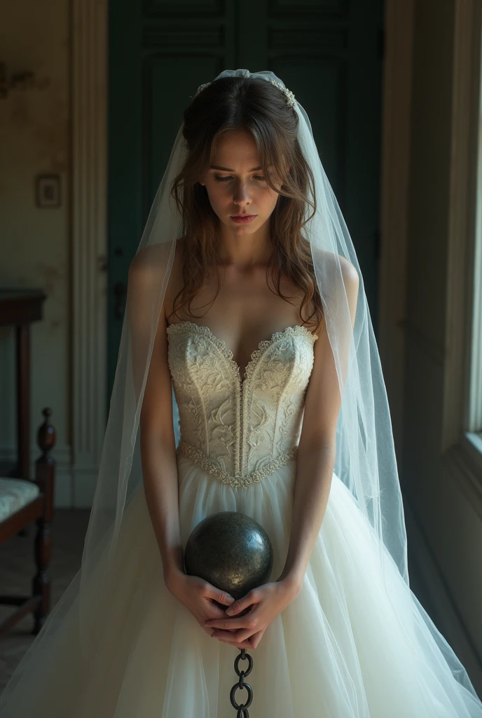 A young Caucasian woman, with medium length brown hair and brown eyes, is inside a house, dressed in a stunning wedding dress. however, your joy is in contrast with the sadness on your face, as she cries intensely. A heavy iron ball, similar to the restraint instruments used on prisoners in the past, is attached to your wedding ring, adding an element of anguish and oppression to the scene.