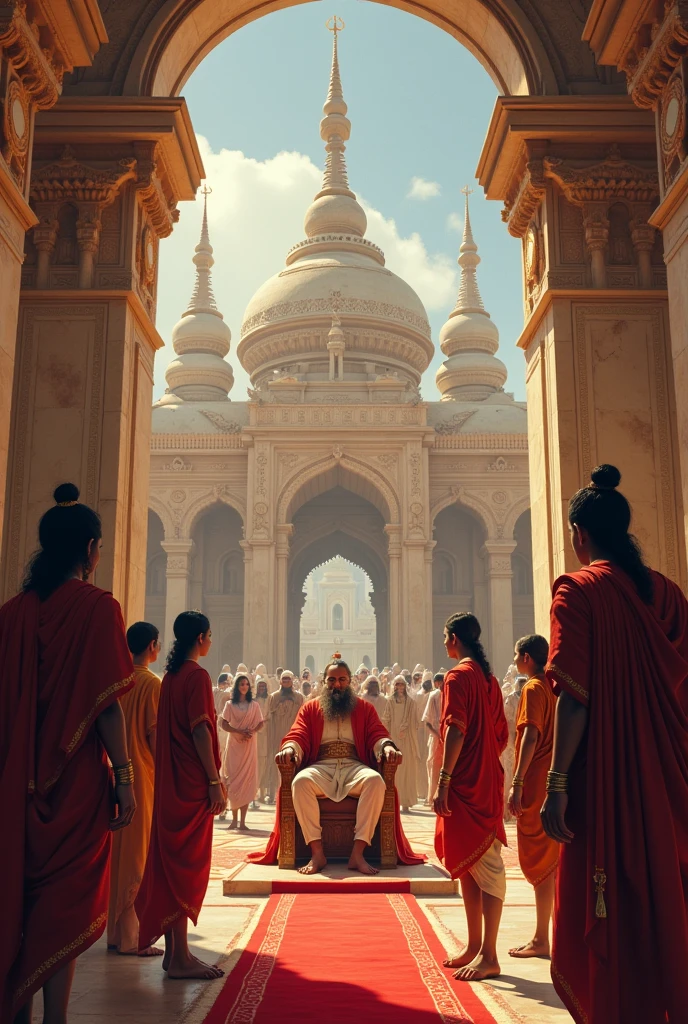 Image Prompt for the Return to Hastinapur:

"Illustrate the moment when the five Pandavas, now teenagers, arrive in Hastinapur. They are being introduced to Bhishma Pitamah in the royal court, with the grandeur of the palace and the attentive audience of courtiers and sages."In dall e-3 style