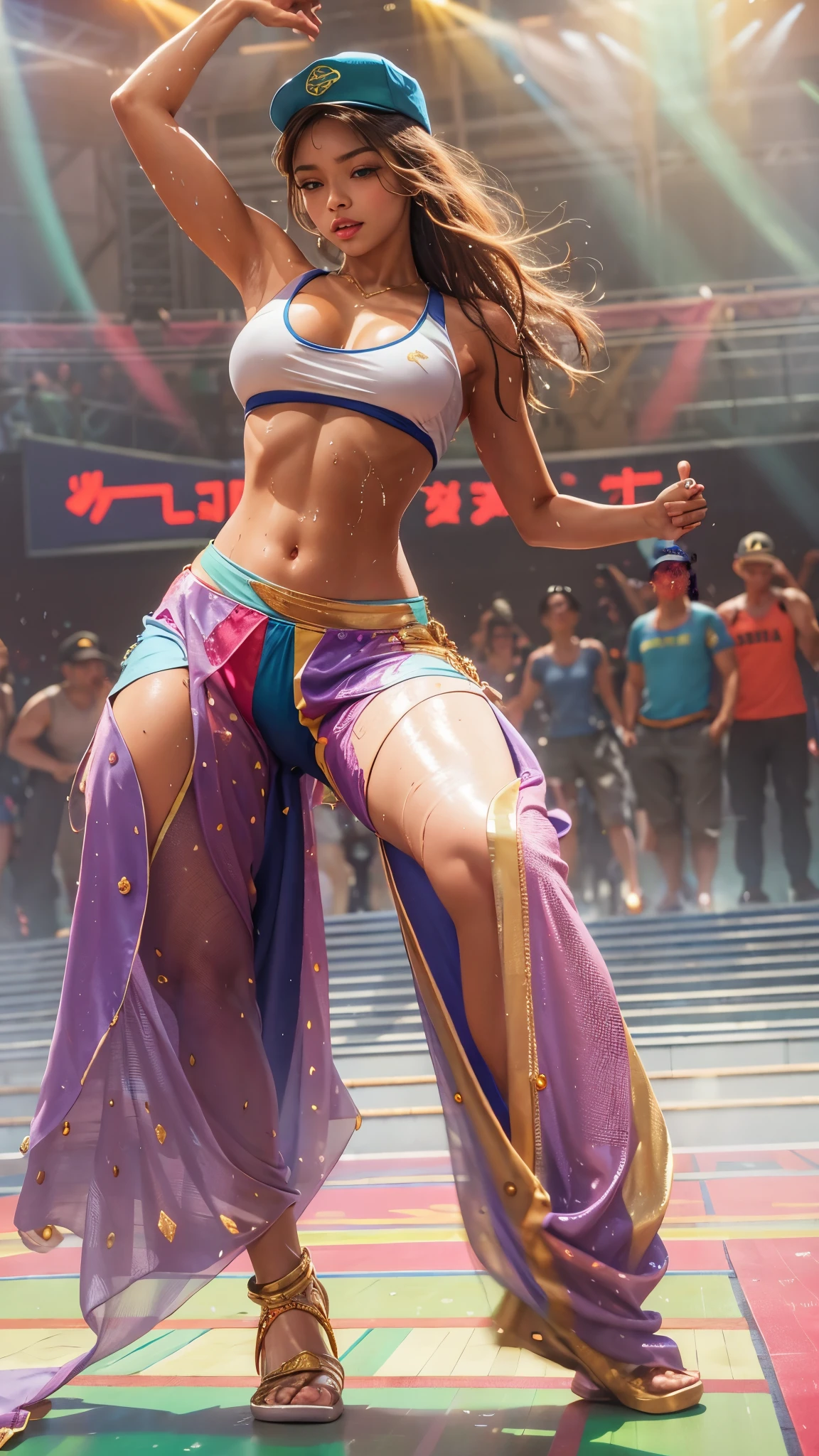 A beautiful woman dancing breakdance, toned body, hat pulled down low, dancing vigorously, sweat flying, wet tank top, erect nipples visible through the top, dancing with legs spread, indoor stage surrounded by spectators, dazzling spotlightsBest quality, ultra-realistic and highly detailed colors, lots of parts and details, unbelievably huge saggy breasts, tight waists, super beautiful women, one shot per screen,bust up.